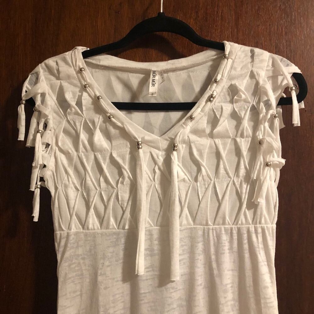 Fringe and Beads Blouse Top Tee Shirt T-Shirt Mür Mür White V-Neck Size S - Picture 12 of 12